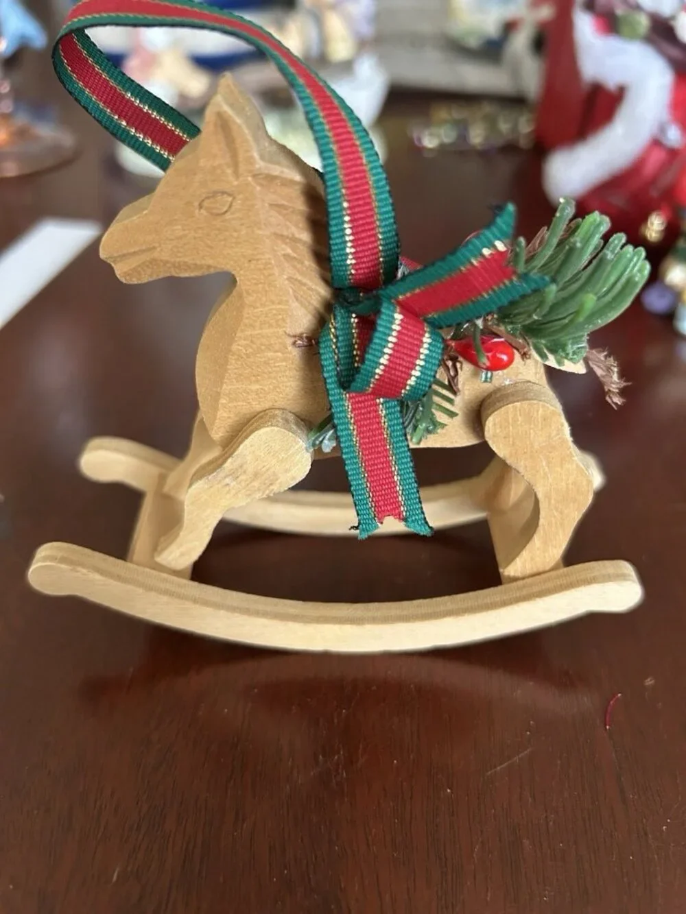 Wood Rocking Horse and Santa Ornaments Set of 2